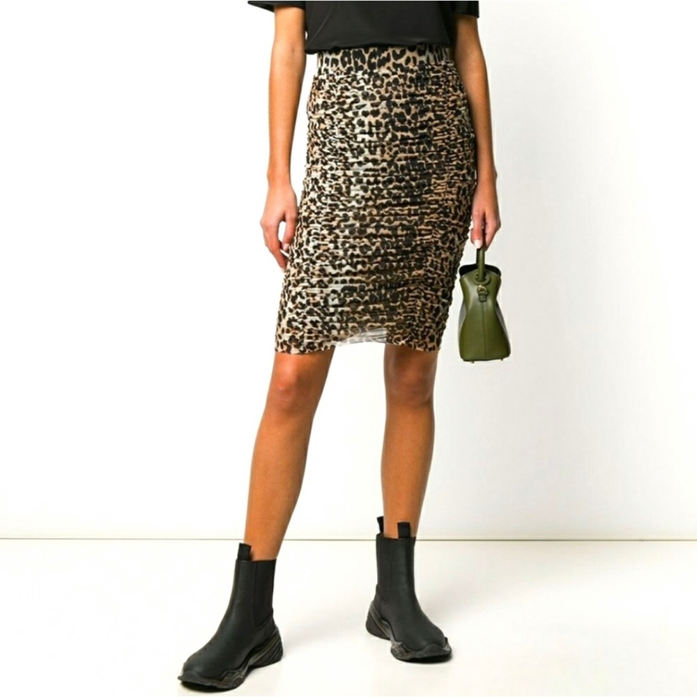 Ganni Ruched Leopard Midi Skirt Size 34